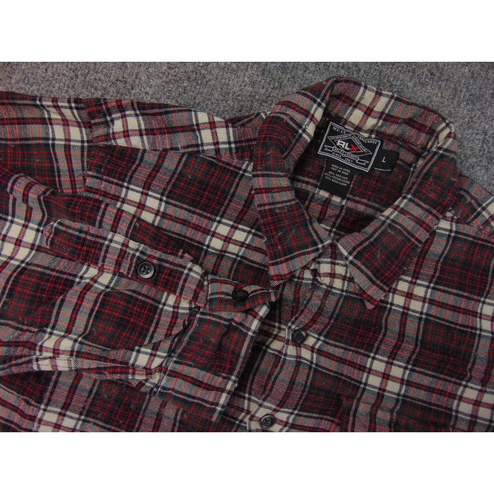 RLX Ralph Lauren Flannel Shirt Men Large Red Plaid Silk Cotton Wool Outdoor Camp